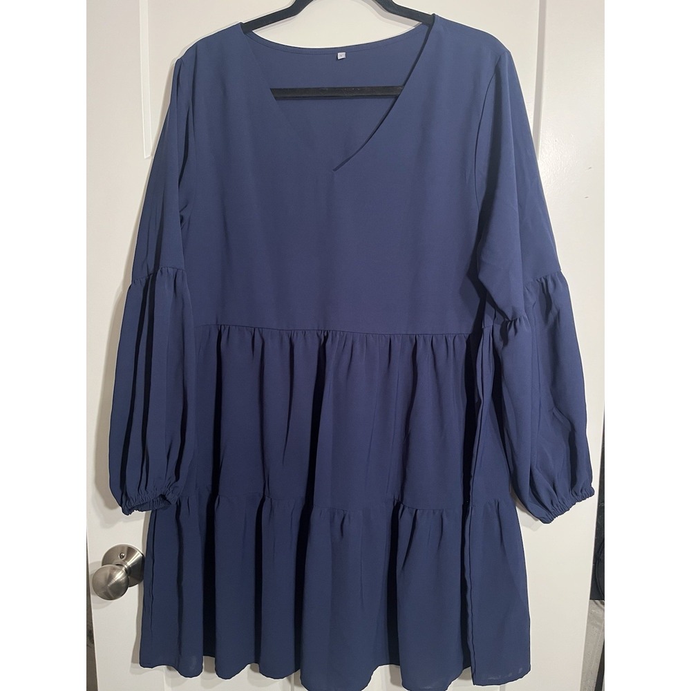 Amoretu Womens L Blue Tiered Babydoll Dress V-Neck Long Puff Sleeve Casual Mini